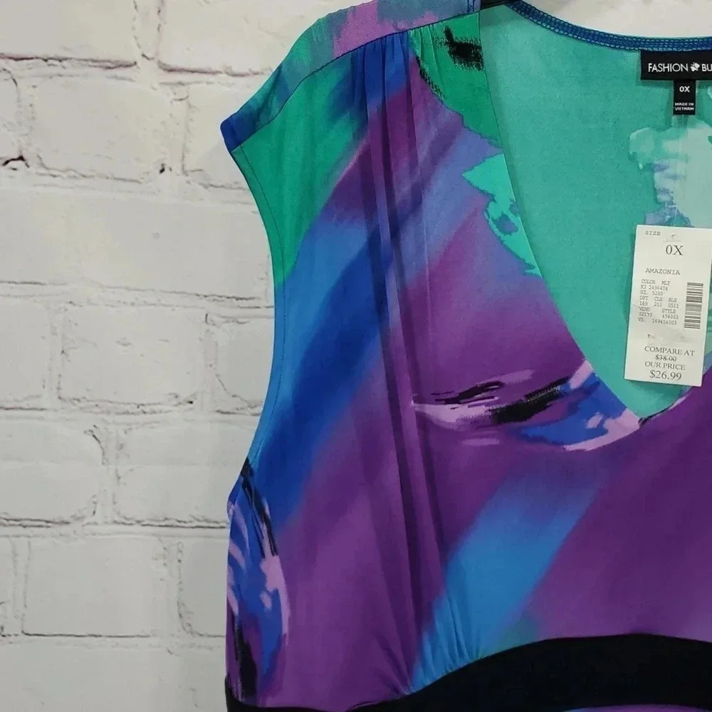 Fashion Bug Sleeveless V Neck Multi Color Empire Waisted Blouse Size 0x NWT - Picture 2 of 11